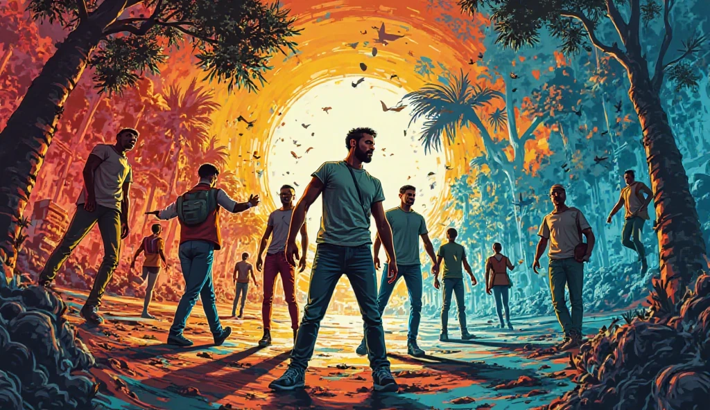 The scene shows a couple in an area of typical caatinga vegetation. The man, Cao Cao, Scrawny, with stubble and about 40 years old, is next to a 3 woman, full body, Long dark hair. They are in front of a twisted and dry tree, where a wasp nest hangs from one of the branches. The man acaba de lançar uma pedra no ninho, and the wasps begin to stir. The couple, smiling widely, starts running in the opposite direction, laughing like naughty children.