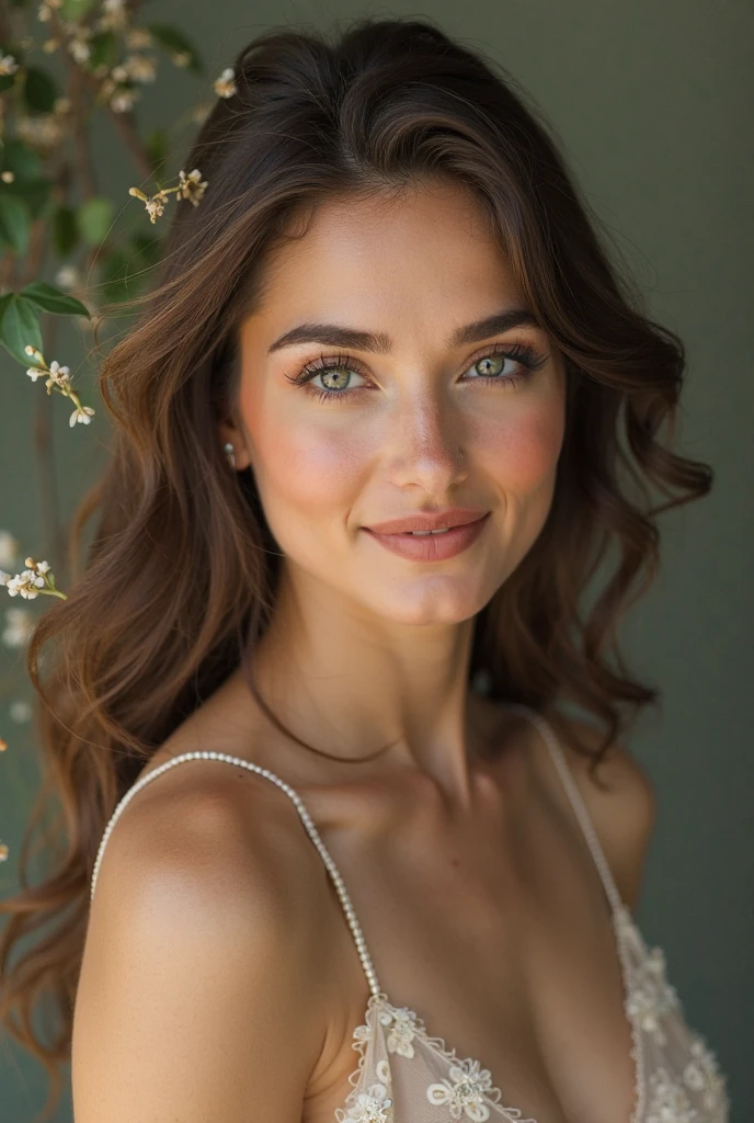 ((Calidad superior, 8K, obra maestra: 1.3)), Caucasian characteristics, Dark brown hair in soft shoulder-length waves., Ojos azules expresivos, long eyelashes, silueta esbelta con curvas suaves. belleza, 1 chica, Grande: 1.3, Abdominales delgados: 1.1, Cara ultra detallada, Labios muy detallados, ojos detallados, En el dormitorio