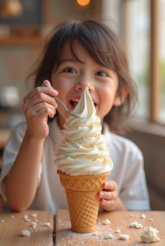 girl CHILD 10 years old , loira com cabelo cacheado, three ice cream cones with different flavors of ice cream in them, casquinhas de sorvete, gelado, casquinha de sorvete, sorvete ao lado, montanhas de sorvete, comer sorvete - creme, comer sorvete, cone, Nascer, delicioso, 8k)), em forma de cone, detalhado