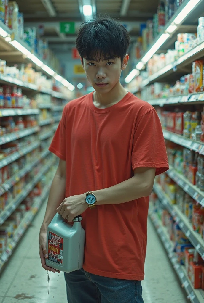 Realistic、beautiful、1boy、 Japanese male、Handsome、Completely naked、Full nudity、完全Completely naked、Sad look、Hide your crotch with both hands、Inside the Seven-Eleven store