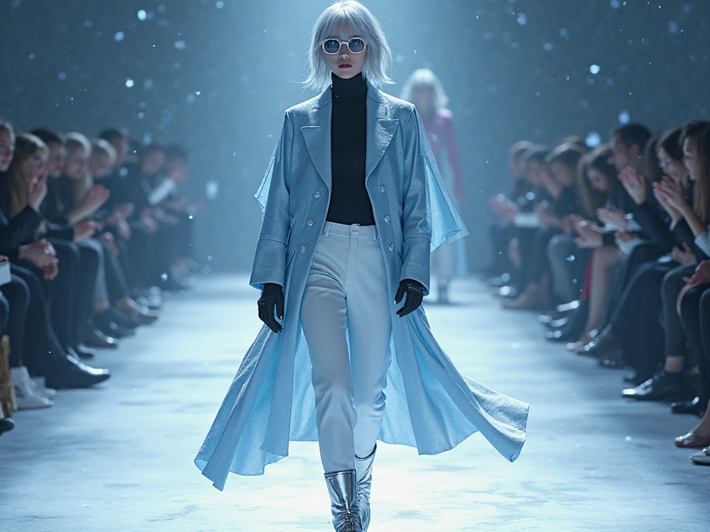 Kazemaru entered the event with a presence that froze the environment around her. Her walk was calm, but each step reverberated as if winter itself manifested itself on the runway. The lighting reflected on her slender figure, , highlighting her white skin and the icy glow of her blue-gray eyes, that looked like they were carved in crystal.
The ice-blue fabric of his long blazer flowed smoothly with his movements, cut into precise geometric lines, bringing a perfect balance between modernity and sophistication. The silver details on the lapels captured the light in a subtle way, reinforcing the ethereal aura that surrounded him. underneath, a black turtleneck, adjusted to his body, contrasting markedly with his long, silver hair, that fell in organized cascades, but slightly misaligned , as if a cold breeze were moving.
His white tailoring pants, made of a lightly pearlescent fabric, it seemed to flicker at every step, creating a sharp and imposing silhouette. On the feet, metallic silver boots, with a futuristic , raised his posture, making it even more impressive under the attentive eyes of the judges.
as a final touch, A long coat , translucent like ice melting in the moonlight, rested on his shoulders. Its tips showed a blue to white gradient, creating a spectacle of movement at the slightest dislocation of her body, as if he were shrouded in a silent blizzard.
The geometric glasses with grey-blue lenses concealed part of his expression, adding a touch of mystery to his presence already enigmatic. Our fingers, thin silver rings, And on the wrists , fingerless black leather gloves, bringing a subtle contrast, but striking, between the refined and the rebel.
When reaching the center of the stage, Kazemaru parou, allowing the light to envelop him. The silence of the audience was broken only by the sound of the flowing fabric of his coat, a minimal detail, but impactful. He didn't have to smile, nor exaggerate the gestures.