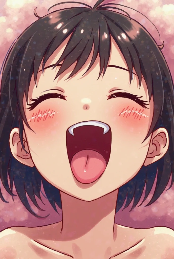 masutepiece, Best Quality, Heart logo, Lori,full-face blush, nose blush, Short hair, tongue drop, TongueDrop (ahegao): a LoRA in the ShirtLift universe, Tears, angry, Heart Earrings, Sideways