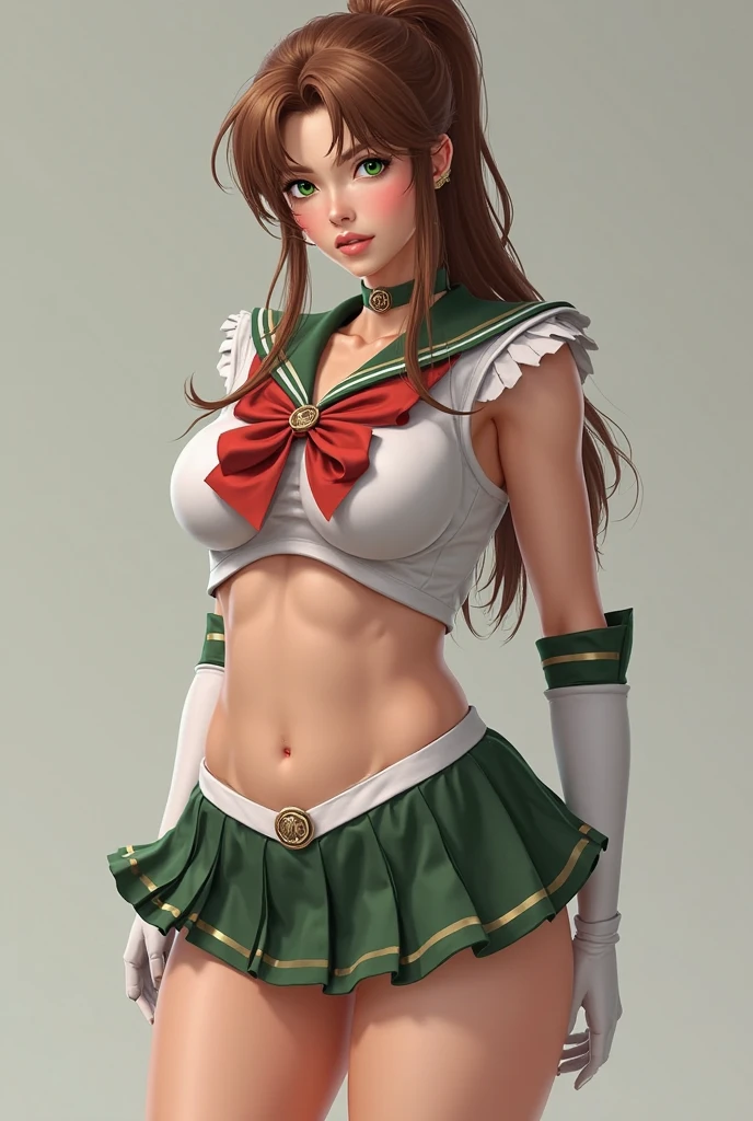 master part, best quality, high resolution, 1girl, sozinho, sailor Jupiter, Jupiter sailor's uniform, vento soprando, ((single ponytail)), (luvas brancas de cotovelo), Cocar, saia plissada verde, Colar de marinheiro Boreen rosa), brown hair, jewelries, Brincos, sorrir, Prado de fundo, Blue sky and white clouds, mar, frente, corpo inteiro, seios enormes, Athletic body, Ondas, pernas finas, Uniforme Sailor Sensi,