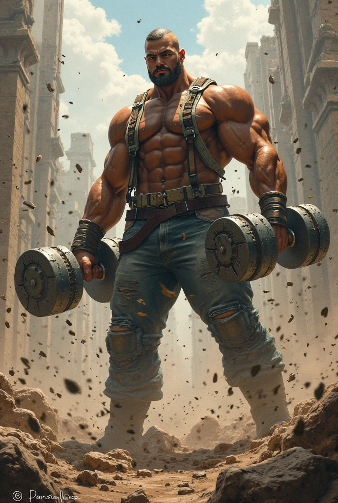 A huge muscular old man walking on construction site he shouldered a heavy iron, he wear safety helmets and wear tank top, (old man (huge muscular, big arm, big chest, big pec, big bicep, extremely detailed muscle, short hair, bearded, yellow hair))