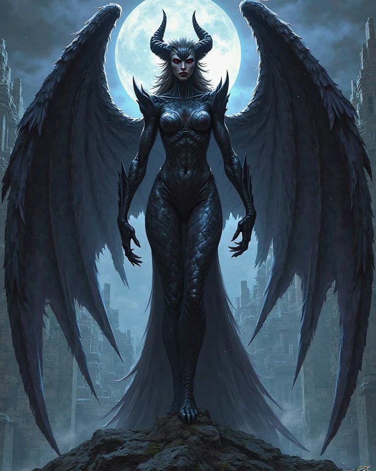 Generate an image of an 8-foot tall humanoid creature, the 'Nocturne', with obsidian black skin, a single glowing red eye in the center of its face, a mane of writhing shadow tendrils, long skeletal limbs ending in clawed hands and feet wreathed in shadowy smoke, and large, jagged, bat-like wings unfurling from its back