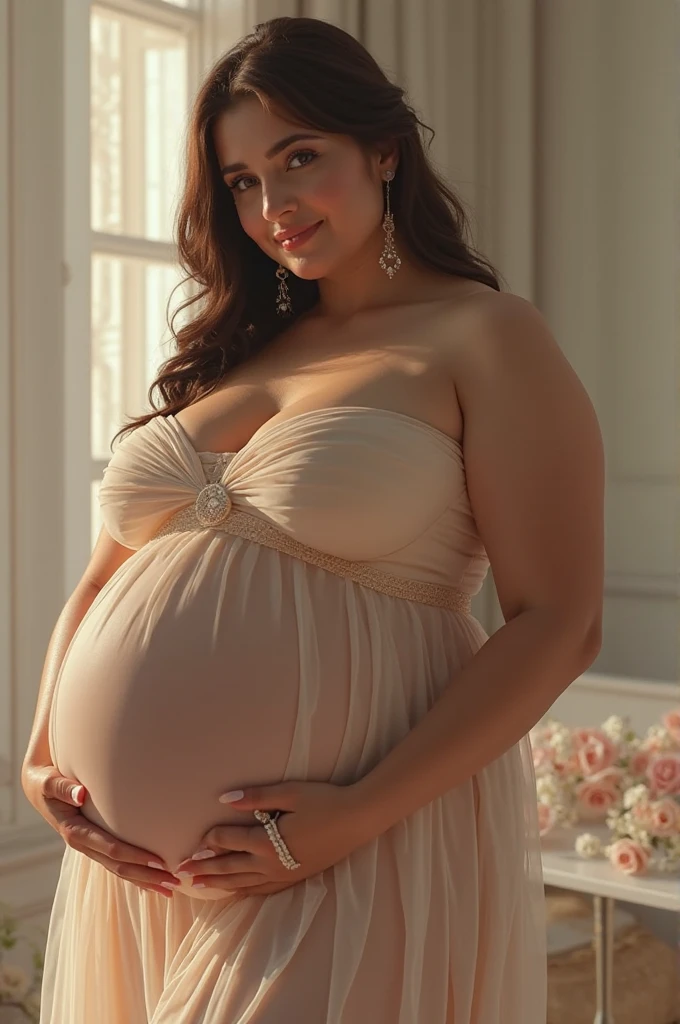 RAW photo of  daniboba, huge breasts, saggy breasts, ((pregnant)),red high-neck dress, neutral background, 8k uhd, dslr, soft lighting, high quality, film grain, Fujifilm XT3, 
