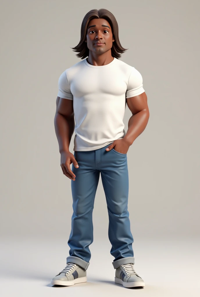 Midsize  straight brown hair tall white t-shirt jeans and sneakers and dark skin color Disney 3d