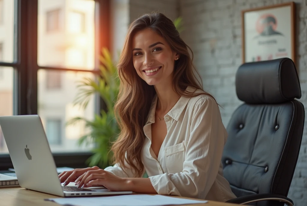 Generates an image of a beautiful young woman with light brown hair and green eyes, about 18 years old dressed in office clothes and a short skirt sitting at a desk