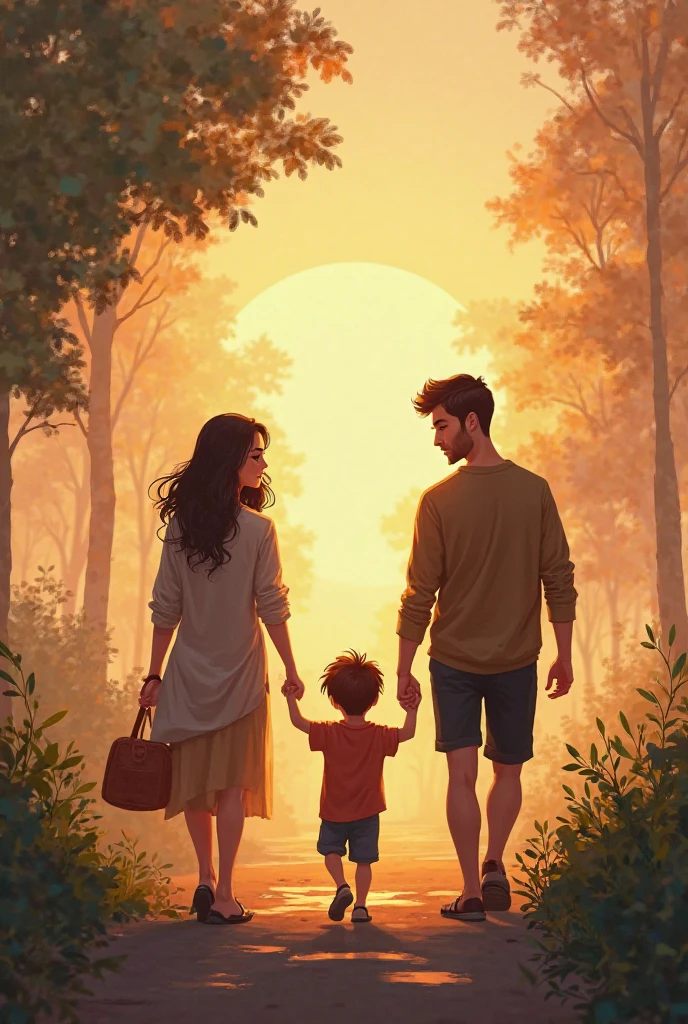 A family of three, a teen mom and dad with a baby girl. happy walking in the park. realistic