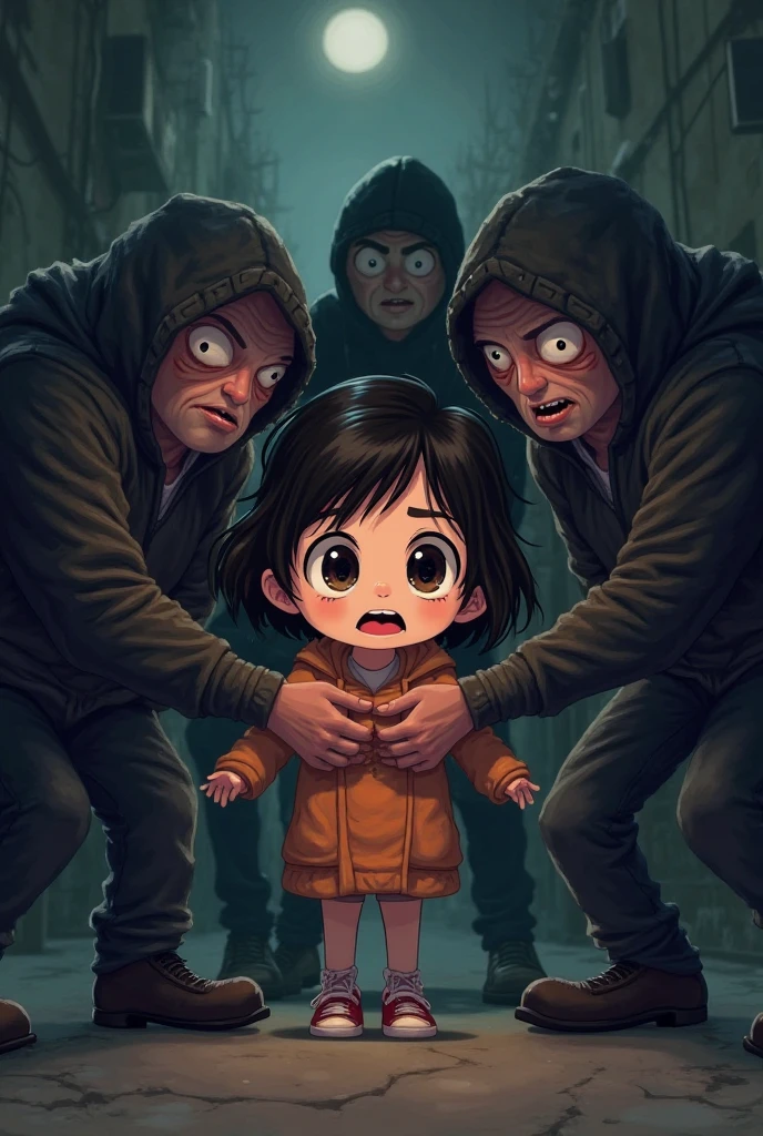 Create a simple cartoon of a scary dark creature emerging from the shadows, with an easy to draw design. Includes three children (pamela, Samuel and Sofia) with expressions of surprise and courage, in the back of a room at home. The style should be colorful and cartoonish.