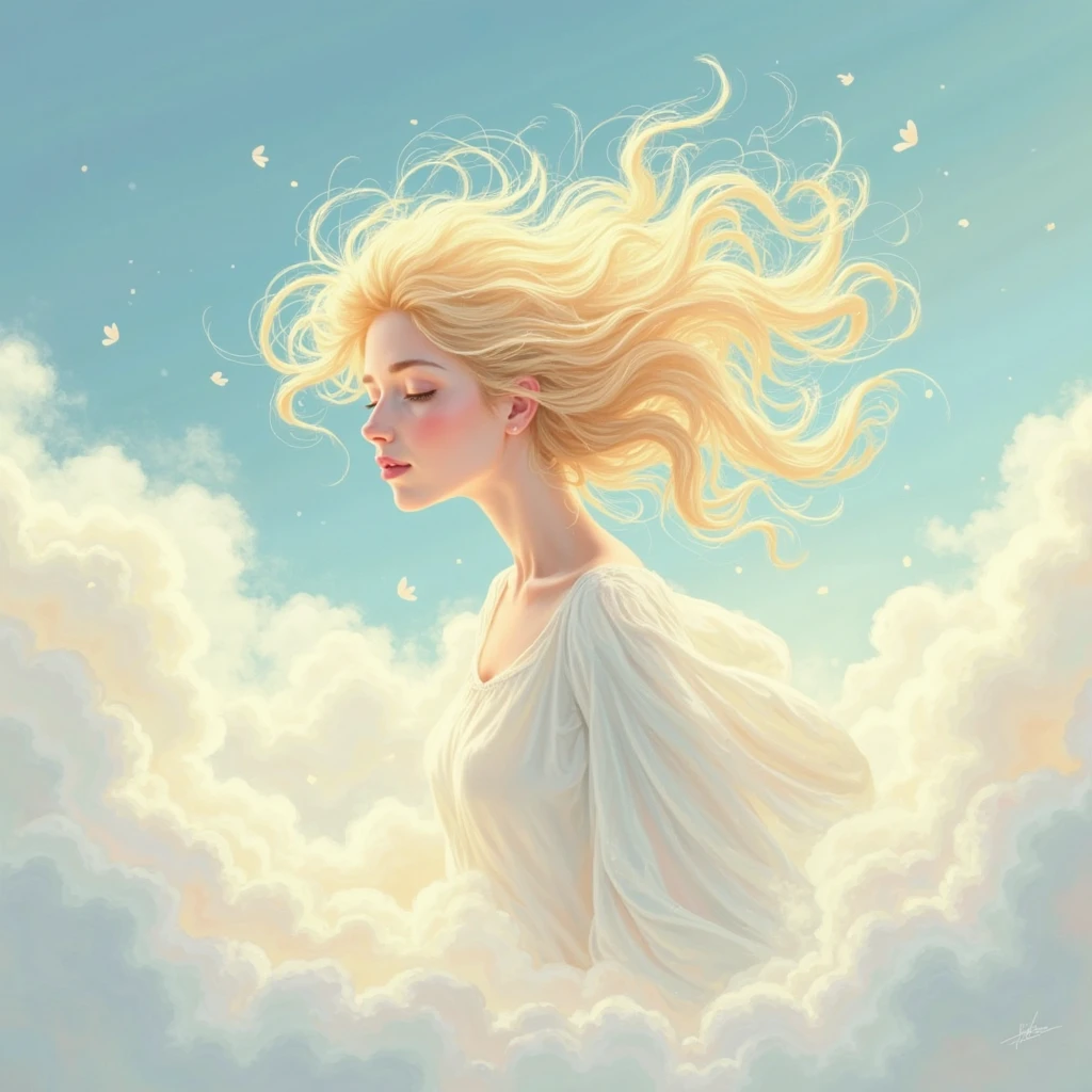 "An absolute masterpiece captured in movie quality stills, featuring the breathtaking Cloud Girl floating in the sky. Zooming in for a close-up, the image is illuminated by a warm, soft light, bringing out the brightness and happiness of the moment. The golden sunset adds a layer of romance and melancholy to the image, while the sparks dancing in the background further accentuate the dreamlike quality."