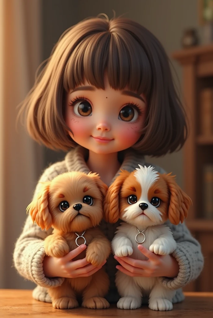 (realistic photo:1.2), approximately 10 years old, straight brown hair with bangs, Eye Brown grande e puxado, dimple on the cheek, button nose, thin upper lip and normal lower lip,.holding white dog, with curly hair, Eye Brown.