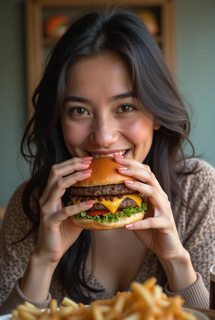 Picture of a person eating a hamburger
