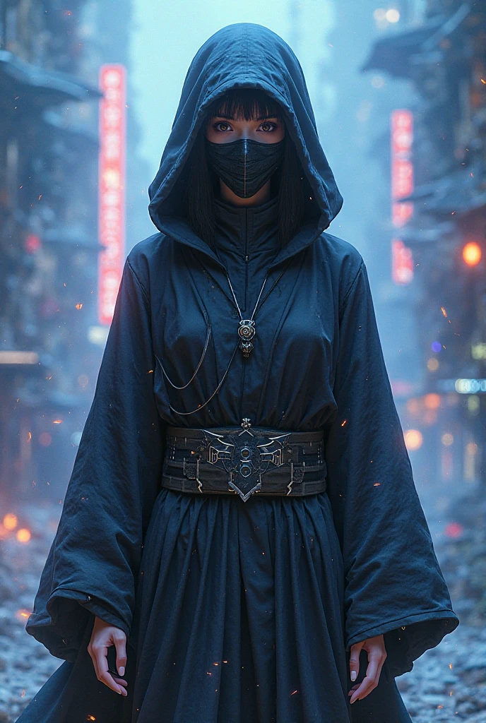 Full body shot, best quality, masterpiece, highres, 1 chinese-indonesian girl, proper muslim hijab, weaing mask, futuristic urban area,Beautiful face, wielding lighsaber, tyndall effect,photorealistic, dark studio, rim lighting, two tone lighting,(high detailed skin:1.2), 8k uhd, dslr, soft lighting, high quality, volumetric lighting, candid, Photograph, high resolution, 4k, 8k, Bokeh