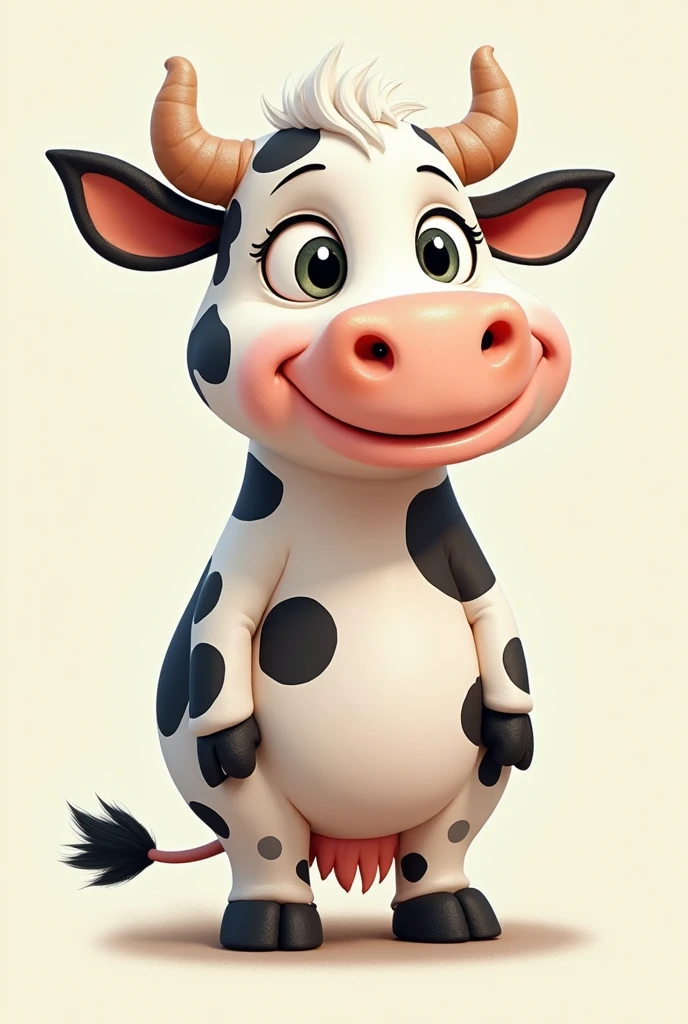 Personnage inspiré d'une vache cartoon avec des tache marrons est blanche des corne fine sur sa tête du blé sur sa bouche des soulier noir est blanc sur s'est sabot des sabot en main une bague d'or sur sont nez est que le personnage a un côté un de cartoon est un côté de vache très adulte est dangereux