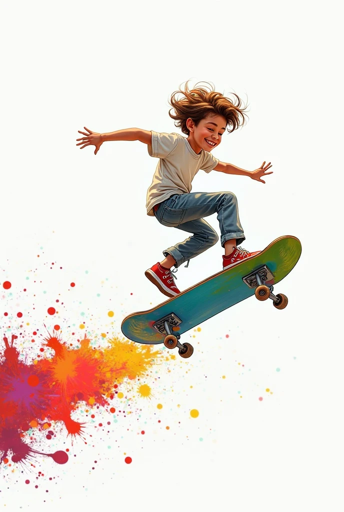 ((masterpiece: 1.5, wide long shot: 1.5)). (young boy on top of a skateboarder, the shot has to be wide long shot: 1.5, Esqueiter's clothes, Generate a delicate and modest fae exploring a (clothes and details with a wide variety of bright color tones, cyan, earth colors, oranges, greens:1.3)).(perfect jump with skater:1.4), all extremely detailed and realistic with youthful features.., A perfect, half-open and sensual mouth , with puffy, kissable lips, Her lips are a uniform shade of pink. Includes fun and impressive features. Very realistic eyes. His eyes are important and must be hyper-realistic. Very detailed and beautiful. In high definition and detail, includes many details such as stars, galaxies, colored bubbles, colored petals, bright paint drops, walls with graffiti art, iridescence, and a lot of energy and emotion. ((skater jump is important! Includes fantasy details:1.6)), improved details, iridescence, colorful and bright wind, and pollen. Pay special attention to his face and make sure it is beautifully detailed and realistic.... camera: This art is dreamlike and ethereal and the camera should emphasize those features.... Create something strikingly beautiful. Use dynamic composition techniques, ((Imaginative scene)),((perfect, meticulously detailed:1.4)), ((full shot: 1.4, dynamic pose:1.3)), ((Best quality)), ((masterpiece) ) , 3d, (Hyper Detailed: 1.3), ((Cityscape: 1.3)), (Photorealistic: 1.4), ((Low Light Night Cinema Lighting: 1.2)).32k.
