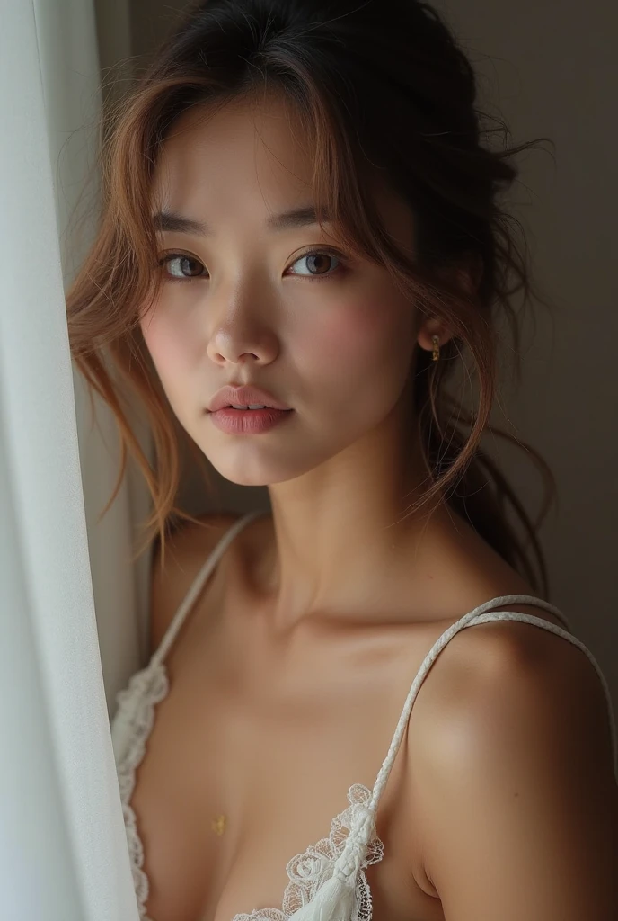 Focus on people。Create and express the best shining composition of the person in a realistic way。((masterpiece))、(((top-quality)))、((ultra-detailliert))、(A hyper-realistic)、(highly detailed CGillustration)、(extremely delicate and beautiful)、Masterpiece girl、top-quality、Realistic skin feeling、Realistic fabric、We will introduce a realist illustration focusing on the center front of girls with realistic and ultra-detailed eyes.。This is the absolute rule, and the following sentence expresses the image quality。 The greatest painter in human history meets an unparalleled beauty、Inuhi is the greatest masterpiece in the history of strawberries, It depicts the most beautiful figure of a lifetime.。 Create stunning anime artwork that is currently trending on seaStation、Introducing exquisite beauty and seductive aesthetics。off shoulders、White string