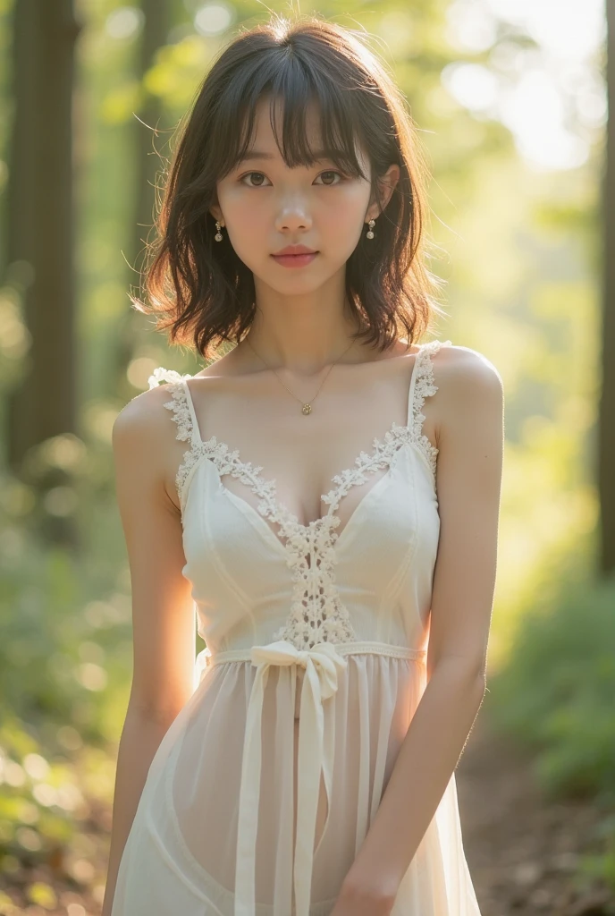 dreamy ambiance, ultrasharp, studio shoot、close up of face、(White Lace Ruffled Shirt Dress:1.2), (large chest with increased tension:1.3), Focus on the chest、Enhanced body、realisitic、Photo Real、extremely detailed cute girl、17 age、japaneelancholy look, large full breasts、A dark-haired、Hair braids、thick bangs、Night, neons, Digital SLR, Looking at Viewer, natural, Candid, Sophisticated, zora々Right, Professional Lighting, Film grain, chromatic abberation, (Bokeh:1.1)