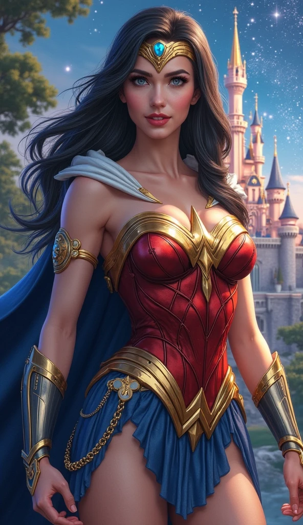 jasmine 1girl, supergirl outfit, (big breasts:1.4), outdoor, city landscape, full body, (realistic:1.2), (realism), (masterpiece:1.2), (best quality), (ultra detailed),(8k, 4k, intricate),light particles, lighting, (highly detailed:1.2),