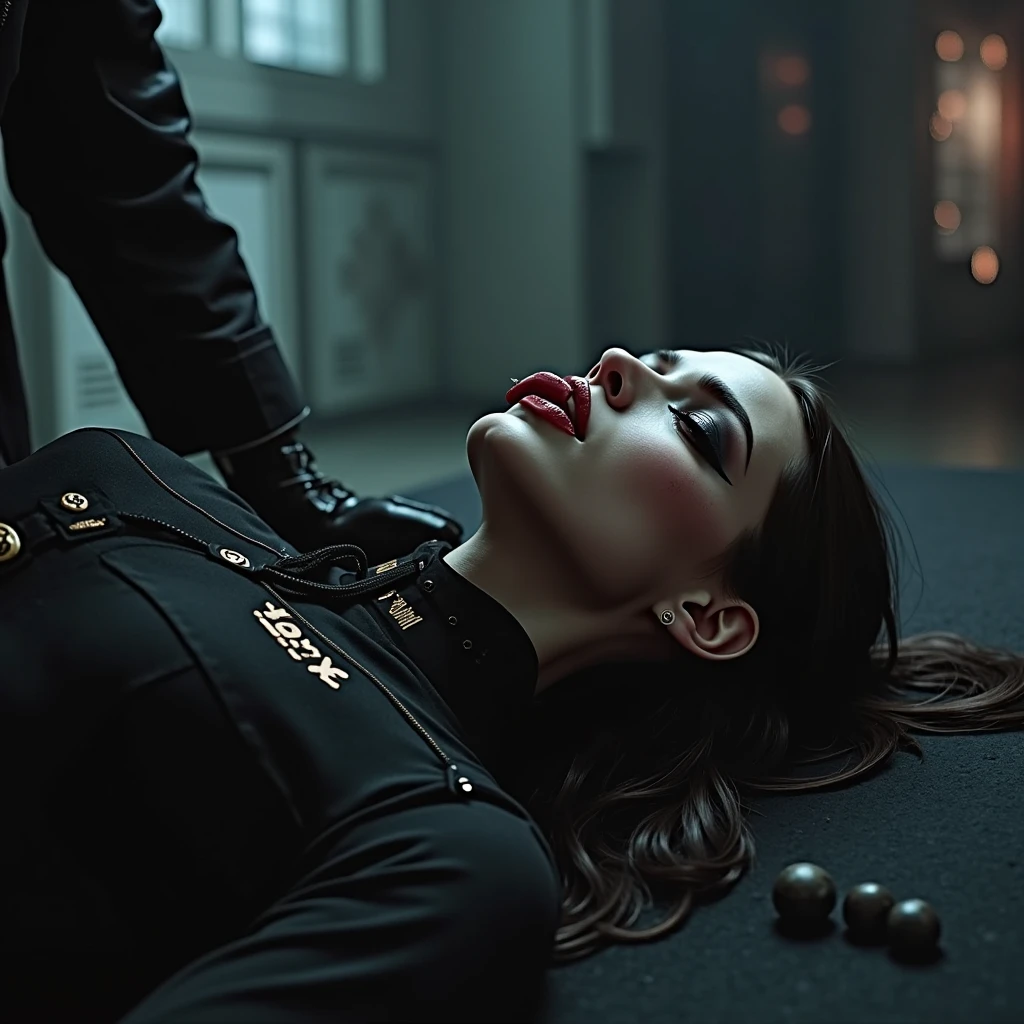 (8k, best quality, photorealistic, realisti, masterpiece), A hand strangles Catwoman's neck from the front, while tied to the floor, sitting in a basement.