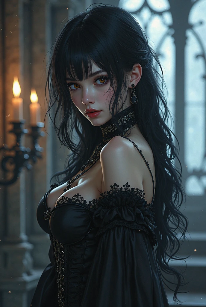 Vampire, long-curly hair, dark-brown hair, honey-brown eyes, thin-down-turned eyes, sad-stoic woman, Spaniard woman, victorian goth, chains, blood, blood on body