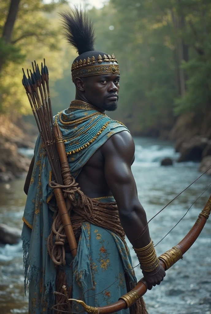 Orisha black man warrior short hair green clothes holding a bow and arrow in the middle of a forest