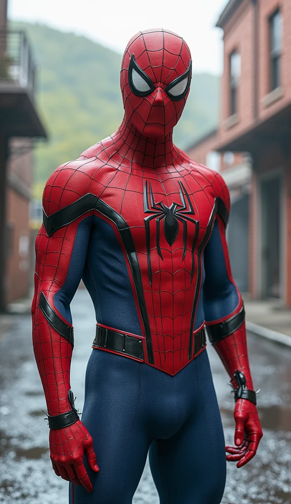 Generate a super realistic photograph of Man:: Man is a cosplayer:: Spider-man cosplayer:: Perfect face:: Man whithout hair:: No hair:: Man in a red and blue suit with a spider symbol on the chest, red gloves, winter hat covering all head, a web-shooter:: Man with shaved face:: wide shot:: photography studio:: professional lighting:: background is a light black gradient:: using a digital single-lens reflex camera (DSLR) with slide film (ISO 50-200) and a prime lens (50mm) to capture the figure in a studio setting:: highlight details and textures.