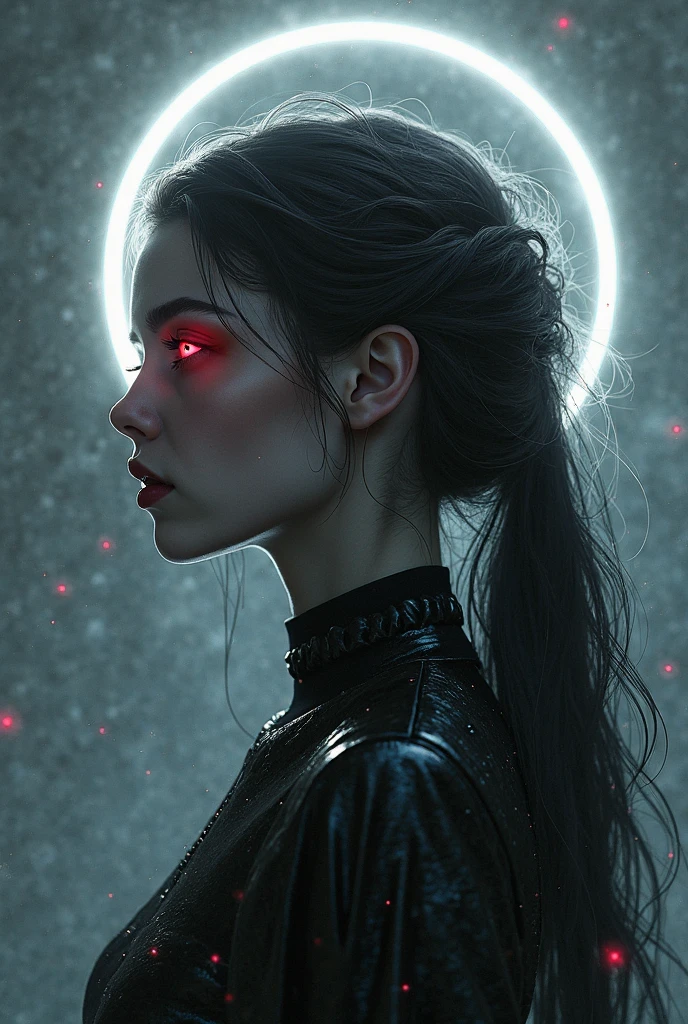 arafed image of a woman with a halo on her head, cyberpunk art inspired by Charlie Bowater, trending on Artstation, gothic art, overlord billie eilish, artwork in the style of guweiz, neoartcore and charlie bowater, trending on deviant art, dark illustration, eerie art style, gothic horror vibes, dark art style