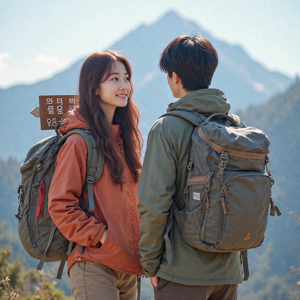 there are two people standing on a wooden deck looking at the water, hiking clothes, with the mountains in the background, with the mountains in the background, with a backpack, couple, in a scenic background, taoist, ji-min, taken with sony alpha 9, 8k --height 768, vacation photo, with the mountains in the background, Lovely couple, colorful picture, Side face，The corners of the mouth smile，Side smile，With black sunglasses