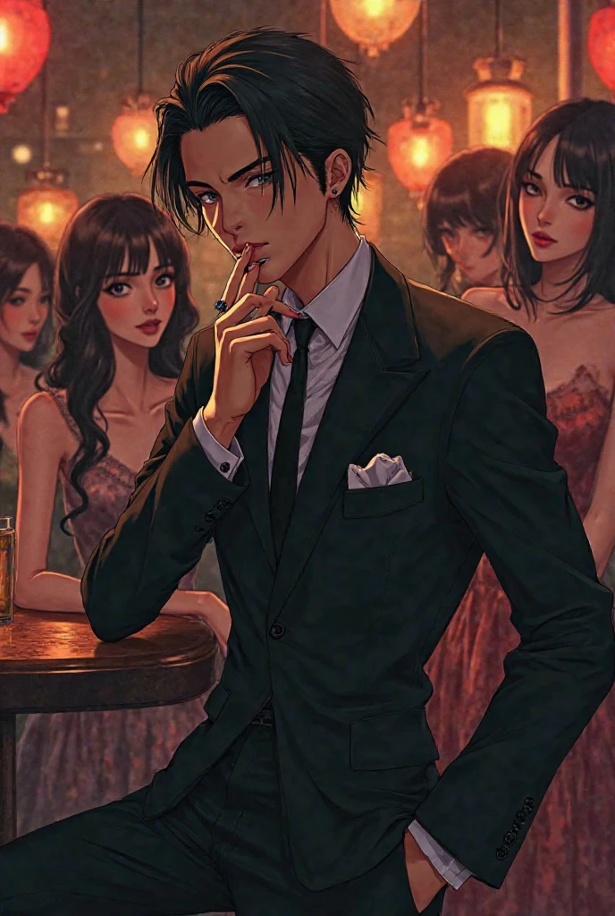 realisti, harem with thin man with medium length black hair.