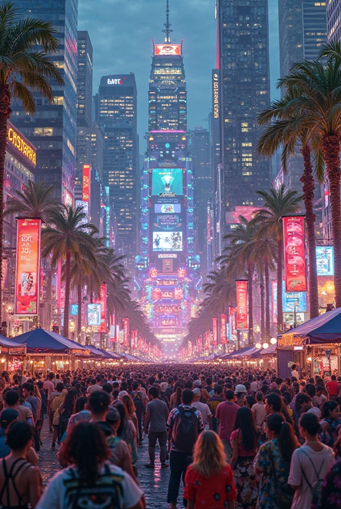 There's a dancehall music festival in a metropolis of neon lights and palm trees, People wear animal print