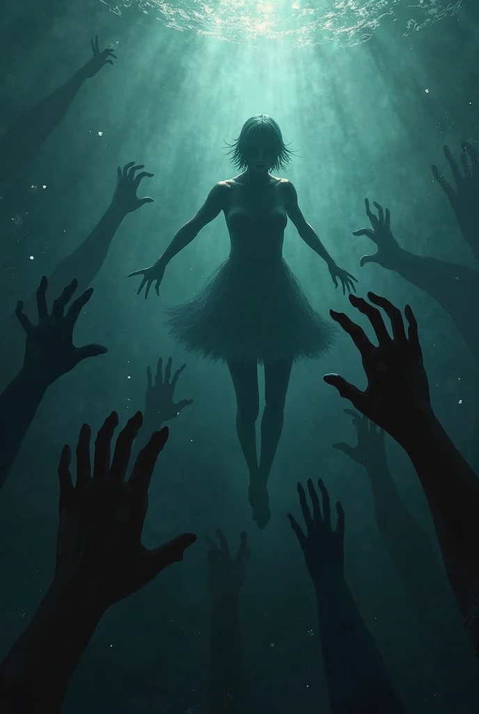 create an image of a trans anime girl sitting on top of a building under. She wears a short outfit and has short hair covering her face. It is raining and around her several transparente ghostly hands  touch her body 