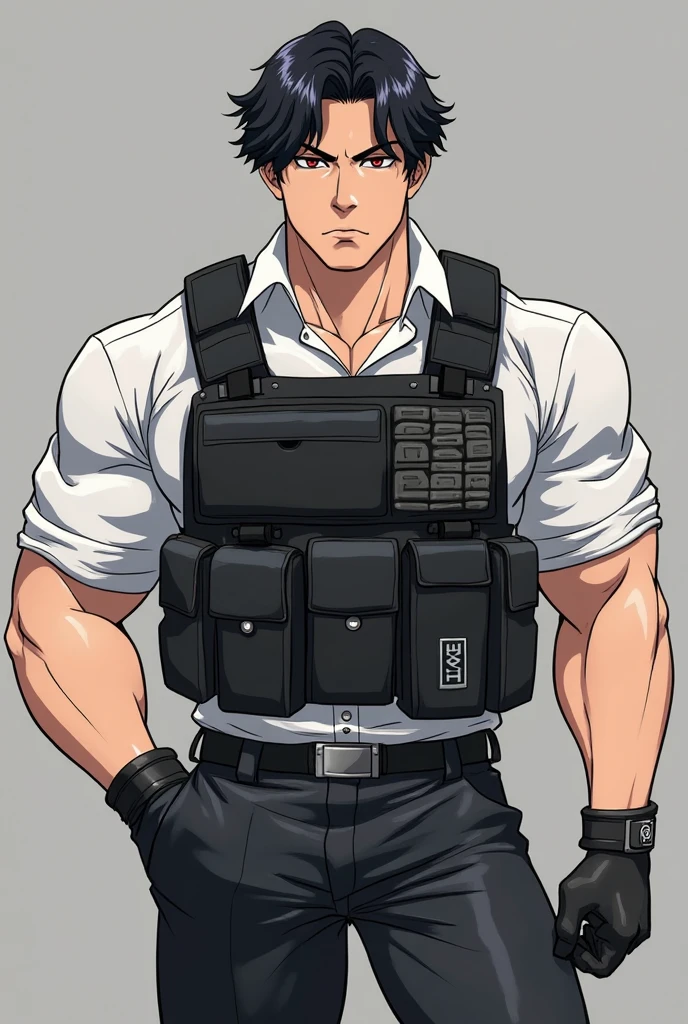 * Age: 45 years old,
* Nationality: Korean
* Gender: male,
* Height: 6'6,
* Weight: 118kg
* Hair color: jet black
* Hair style: short wavy
* Body type: beefy and stocky with beefy arms,
* Clothing: he wears a white dress shirt and black tactical vest
Terrorist,
DC animation style