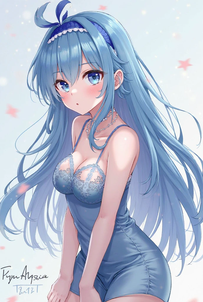 A beautiful anime woman with royal blue hair,light blue eyes💙,wasp waist,big breasts,big buttocks and a:👗sexy navy blue 