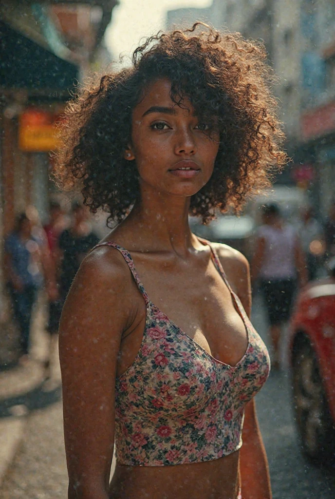 (best qualityer,realisitic:1.2), Colombian mature curly haired busty lady, stopped in the middle of traffic, looking at the solar eclipse, dress with ripped shorts, transparent bra, oil painting, swirly vibrant colors, dreamatic lighting, Urban context, busy street, intense atmosphere, naturalistic rendering, detailed facial expression, mesmerizing gaze