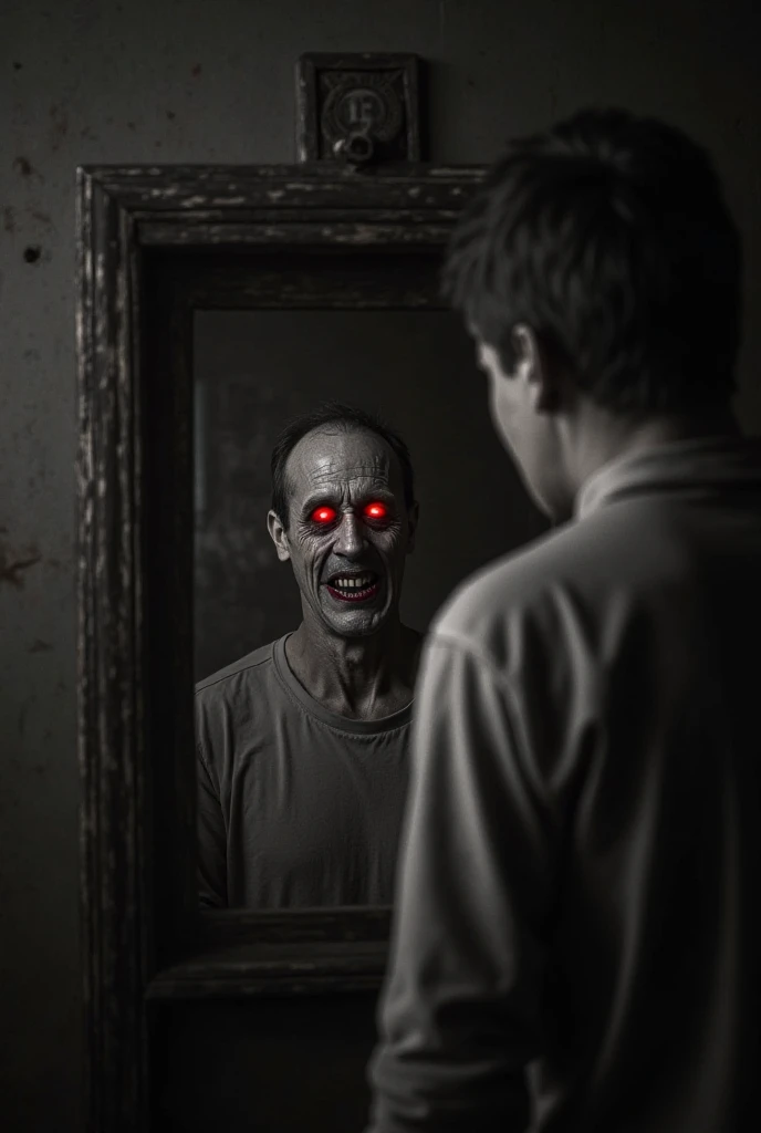 A person looking at themselves in a mirror, mirrored reflection slowly turning into a zombie, detailed face with sunken eyes, decaying skin, sharp teeth, ominous atmosphere, dramatic lighting, cinematic composition, horror, dark fantasy, moody colors, dramatic shadows