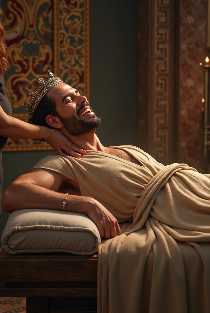 make an illustration of a 50-year-old king bare-chested, She is being massaged on her chest while lying on the bed.