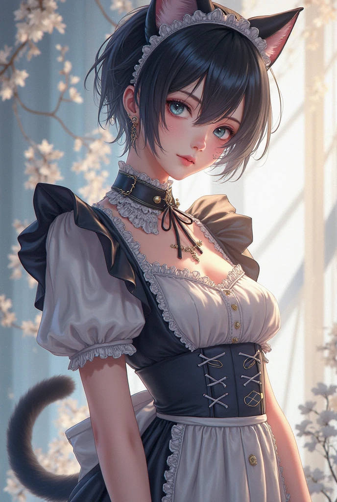 (Best quality:1.1), (Masterpiece:1.4), (Illustration fantastique:1.2), 1fille, ((bimbo)), Cute girl, yellow eyes, short dark green hair, cat ears, cat collar, cat tail, Beautiful eyes, better hands, High quality, short dark green hair, She smiles