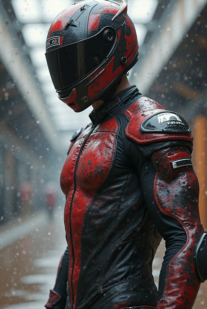 A superhero with a red motorcycle helmet on wearing his own unique red super hero suit with black stripes and cut off sleeves. His arms have many tattoos and he holds a katana made of ink. he is standing in a rainy background