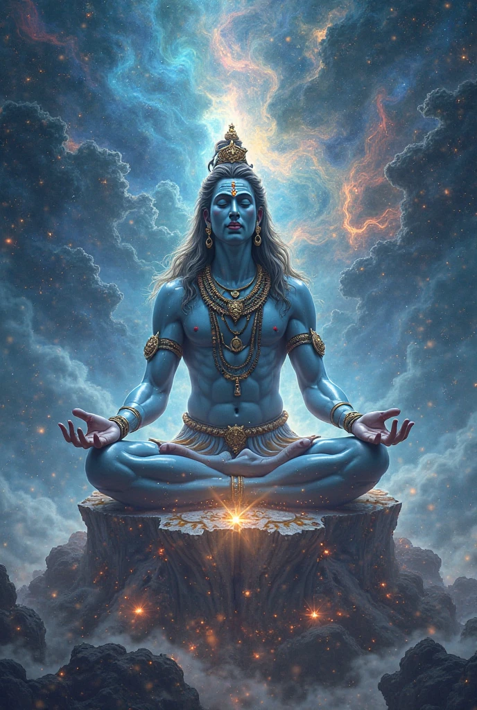 Create a majestic and cosmic depiction of Lord Shiva, embodying his divine and transcendental nature. Imagine him seated in a meditative posture on a celestial mountaintop, surrounded by a cosmic landscape. His form is radiant and awe-inspiring, with an aura of divine light. Adorn him with celestial ornaments and a garland of rudraksha beads. Incorporate swirling galaxies, nebulae, and constellations in the background to emphasize his cosmic presence. His third eye should glow with a powerful, mystical energy. The overall mood should convey serenity, strength, and the boundless expanse of the universe."