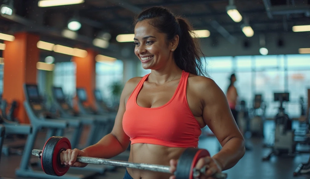 A beautiful 28 years old girl in gym dress doing exercise in the gym. She has long black hairs and dimples on cheeks. She is smiling . 34 bust and strong 36 thighs. Curvy figure