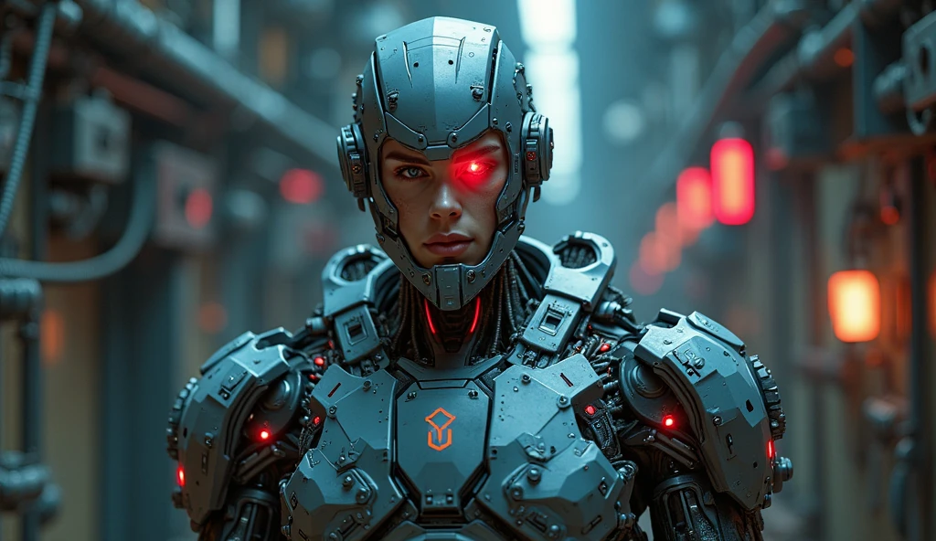 A futuristic cybernetic warrior with a human face and a robotic body, set in a high-tech sci-fi environment. The character has a glowing red cybernetic eye, mechanical armor covering most of the body, and intricate robotic components glowing with red and blue lights. The expression is intense and determined, with a sleek and powerful design. The background is a dimly lit metallic corridor with advanced technology, wires, and neon lights. The style is cinematic, realistic, and inspired by high-tech sci-fi movies.