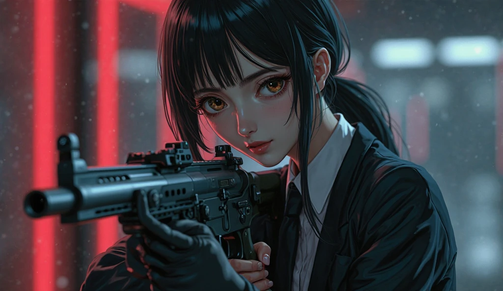 (masterpiece:1.2, best quality), 1lady, Yoru, solo, photorealistic, science fiction film, science fiction, science fiction, war, upper body, small breasts, focus on face, realistic, pastel painting, powerful, intelligent, sensual, detailed eyes (intimidating look, Brown eyes) well detailed, long black hair, best CG, Wearing school uniform, semi open shirt, white bra, perfect body, holding a knife, blood splatters