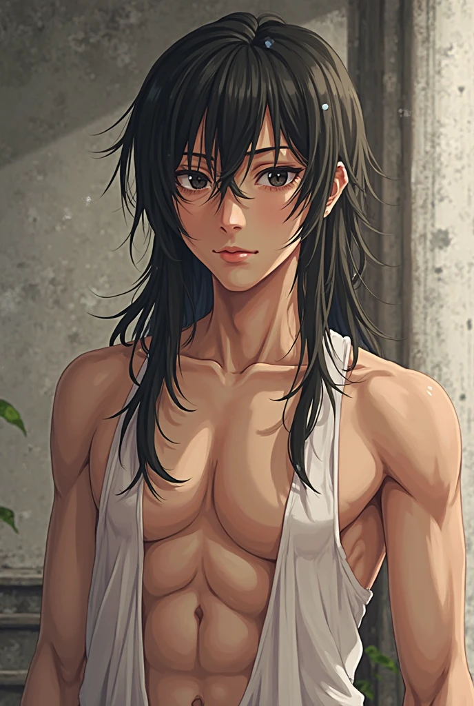 man, full length, anime art, young, long black hair, beautiful facial features, grey eyes, Beautiful skinny body, shows tongue, sexual, masterpiece, without mothers, black tights.