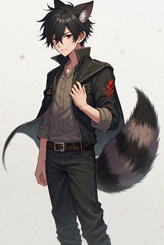 a ager, he had a large scar on his left cheek, red eyes and messy black hair shaved on the sides of his head and feathers and a raccoon tail falling over his right shoulder, he wore a shirt with his uniform jacket draped over his shoulders like a cape, black pants and boots.