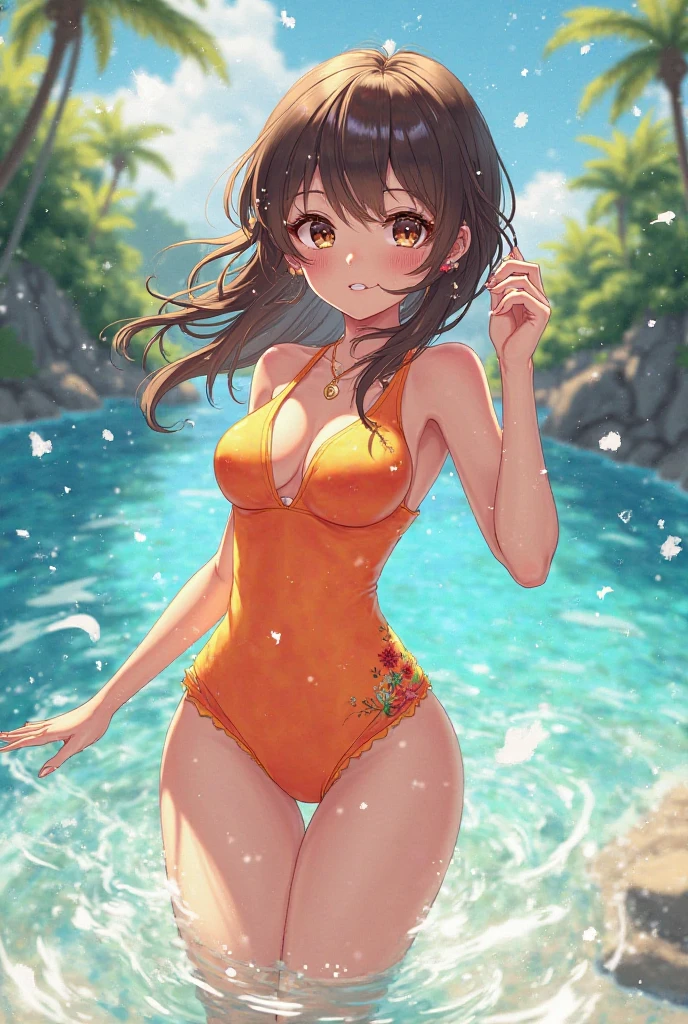 copano rickey \(umamusume\)、Close-up of the butt looking up from below、Get wet all over 1.5.Realistic、squat butt emphasis、13 year old girl、wearing a yellow swimsuit,smile,cleavage emphasis,face reality,lips are a little red,cheeks are a little red,Sexy,pool