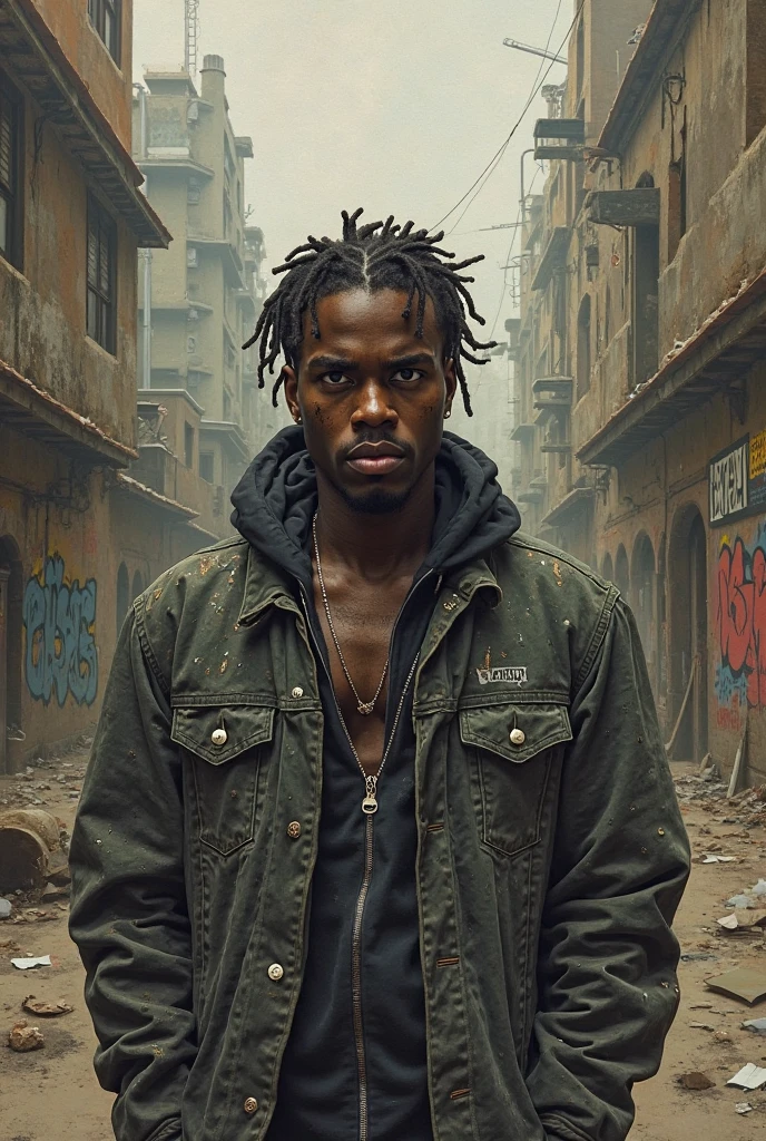 Kenshi art style, post-apocalyptic young adult human with dark pitch-black skin and short length silver hair wearing a dirty loose fitting black tank top and tan torn cargo pants. He is thin but not sickly. He has small grey scars across his arms and one on his face. His eyes are golden and dimly glowing as he stands with his back pressed against a decrepit wall of a house, hiding from two shadowed silhouettes on the other side who are conversing with one another, the colour scheme is tans browns reds and oranges