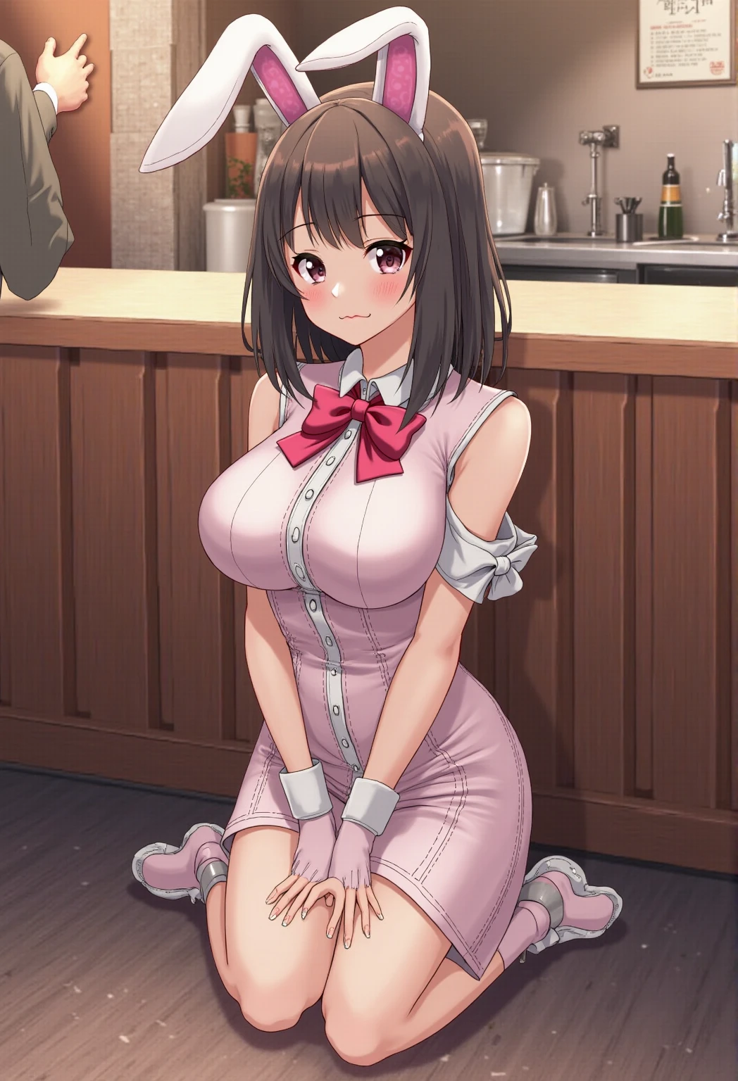 ((masterpiece)),Dynamic Angle, Perfect body、Big Breasts、Swollen nipples、Cum on my chest、,short hair,Double Bang,Blunt bangs,hair ornaments,Brown eyes,Bare shoulders,Halter neck,ribbon,dress,purple dress,No sleeve,Elbow hand pockets,Purple gloves,Fingerless gloves,boots,knee boots,Back to viewers,((From behind)),((From below)),teeth,White panties, sweating,vapor,((Side Squat)),teeth focus,((hands on teeth)),Five Fingers