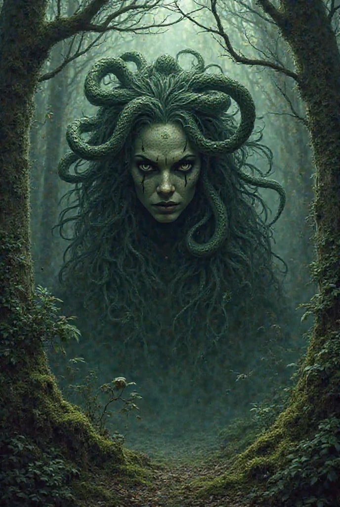 Medusa snake hair, eyes glowing green, night full moon, holding a petrified head