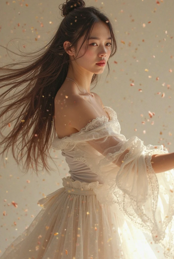 black hair, brown eyes, pink and white, church, vivid colors, white dress, paint splash, simple background, ray tracing, wavy hair